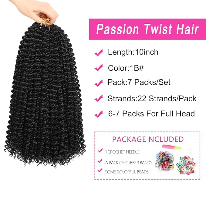 Ubeleco Short Passion Twist Hair 10 Inch 154 Strands Water Wave Crochet Hair 7 Packs Passion Twist Crochet Hair for Black Women Spring Twists Curly Braiding Hair Extensions (10 Inch,1B)