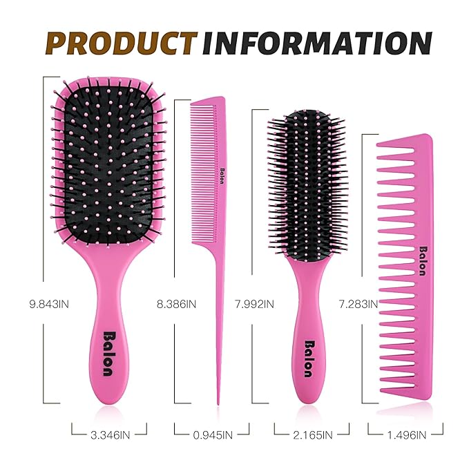 4Pcs Detangling Brush Set for Women - Paddle Brush for Wet or Dry Straight, Long, Thick, Curly, Natural Hair, No More Tangles (Pink)