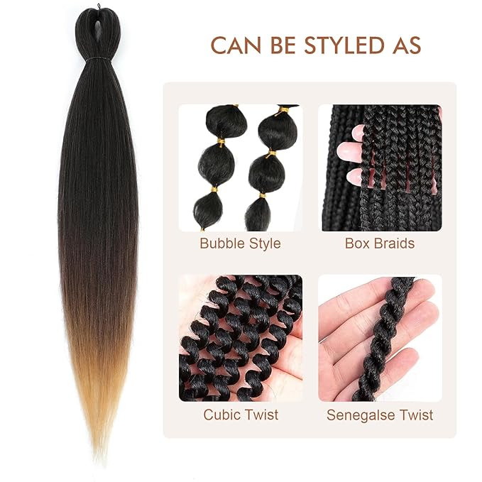 Pre-stretched Braiding Hair - 28 Inch 8 Packs 3 Tones Ombre Brown Braiding Hair For Twist or Box Braids, Yaki Texture Hot Water Setting Synthetic Long Braiding Hair (28 Inch, 1B/30/27-8P)