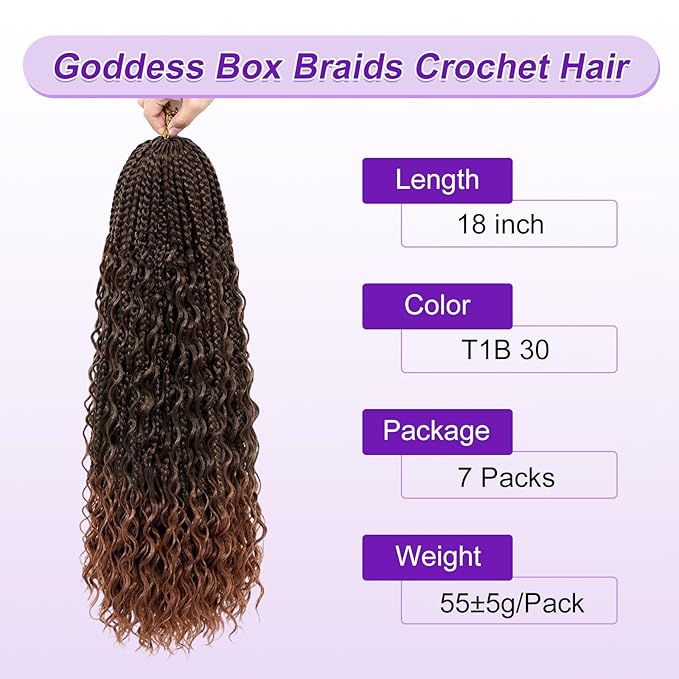 Eacia Goddess Box Braids Crochet Hair 18 Inch 7 Packs Pre Looped Boho Box Braids Crochet Hair Extensions with Curly Ends(18 Inch, T1B/30#)