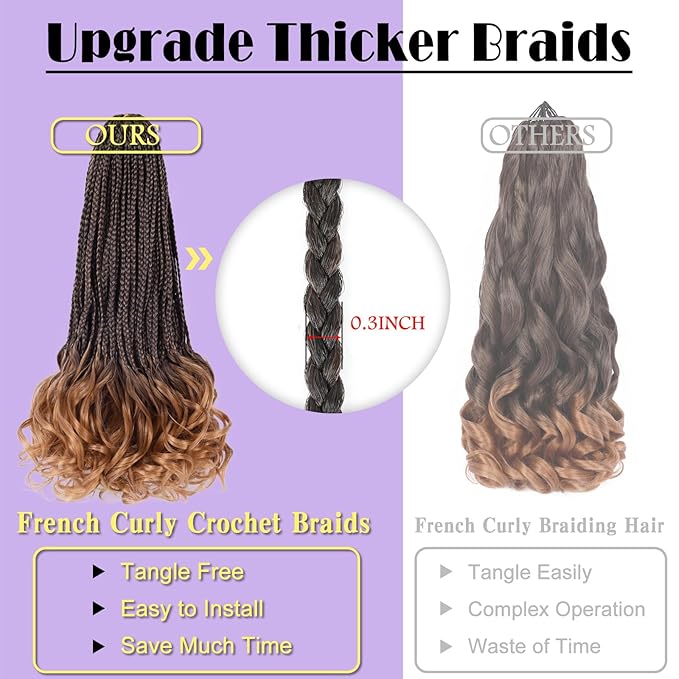 Curly Crochet Hair 24 Inch Goddess Box Braids Crochet Hair Pre Looped French Curl Crochet Braid French Curly Braiding Hair for Women 8 Packs Crochet French Curl Braids Hair Extension (1B/30)