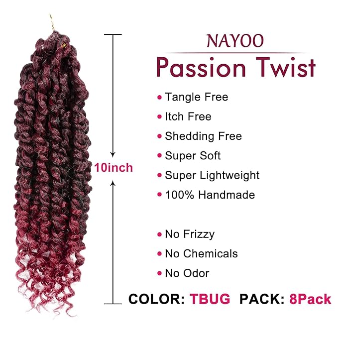 NAYOO Passion Twist Hair - 8 Packs 10 Inch Passion Twist Crochet Hair For Women, Crochet Pretwisted Curly Hair Passion Twists Synthetic Braiding Hair Extensions (10 Inch 8 Packs, TBUGN2)
