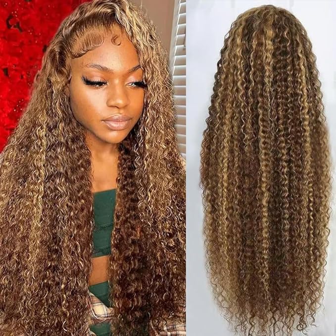 30inch Highlight Ombre Lace Front Wig Human Hair 13x6 HD Honey Blonde 4/27 Deep Wave Lace Frontal Wigs Glueless Wigs Human Hair (4/27 Honey Blonde, 32inch)