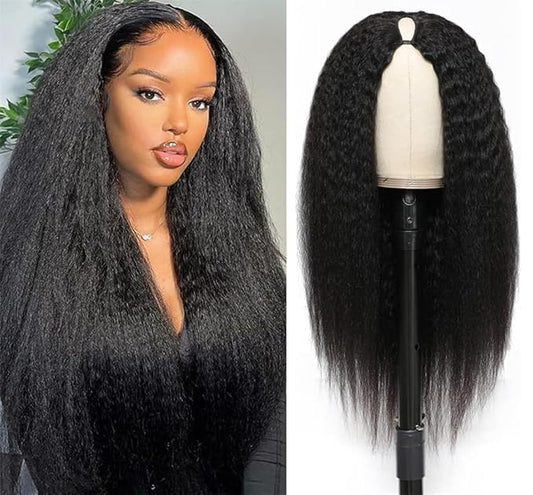 Larhali Kinky Straight V Part Wig Human Hair with Drawstring 200% Density Upgrade Glueless U Part Wig No Leave Out No Sew In V Part Wigs Kinky Straight Human Hair Wigs 28 Inch