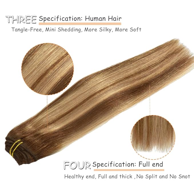 Caliee Clip in Hair Extensions Human Hair R4-4-27 Chocolate Brown Mix Caramel Brown with Brown Roots Thick Soft Remy Hair Extensions Clip in 140 G Lace Weft 22 Inch Long