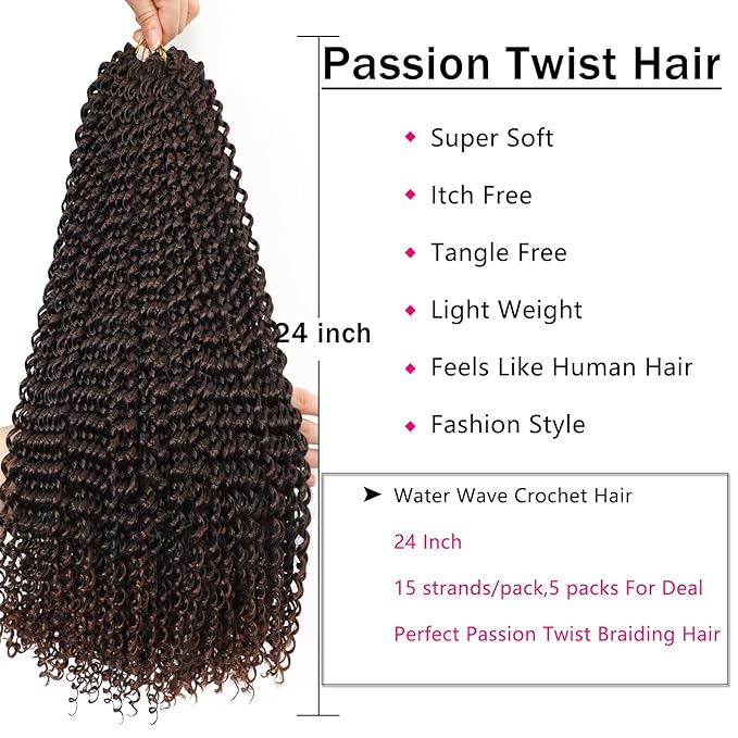 Ombre Brown Passion Twist Hair 24 Inch 5 Packs Passion Twist Braiding Hair Water Wave Crochet Hair For Black Women Passion Twist Crochet Hair/Butterfly Locs/Spring Twist Crochet Braids(24in,T30)