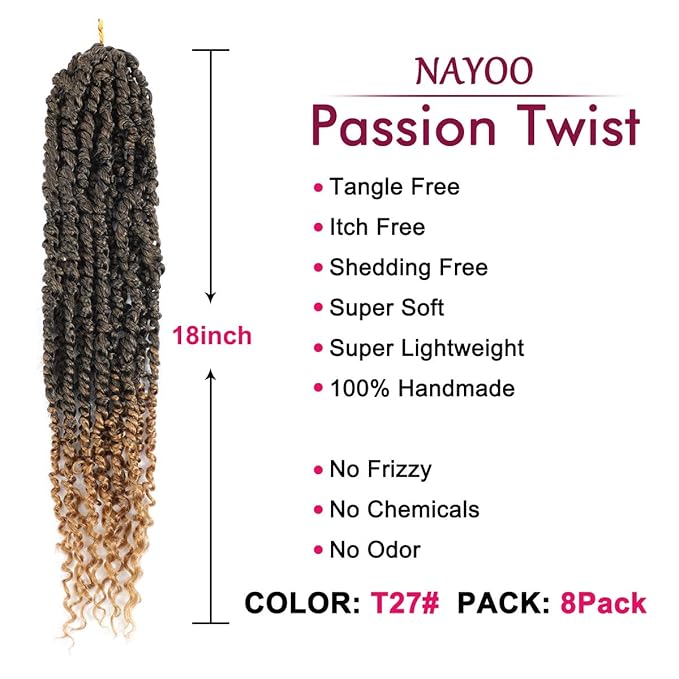 Passion Twist Hair - 8 Packs 18 Inch Passion Twist Crochet Hair For Women, Crochet Pretwisted Curly Hair Passion Twists Synthetic Braiding Hair Extensions (18 Inch 8 Packs, T27)