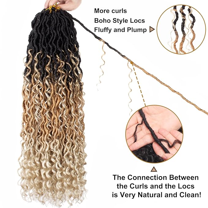 COOKOO 8 Packs 30 Inch Goddess Locs Crochet Hair for Women Ombre 3 Tone Boho Faux Locs Crochet Hair Pre Looped Bohemian Locs Crochet Hair with Curls Hippie River Locs Hair Extentions 1B/27/613#