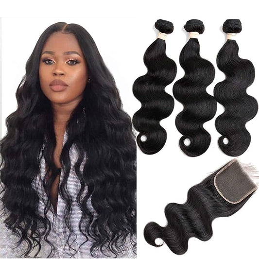 Brazilian Body Wave Virgin Human Hair Bundles with Lace Closure(14 16 18 with14 Closure) Human Hair Unprocessed Body Wave Hair Bundles with Closure 4X4 Lace Free Part Natural Black Hair