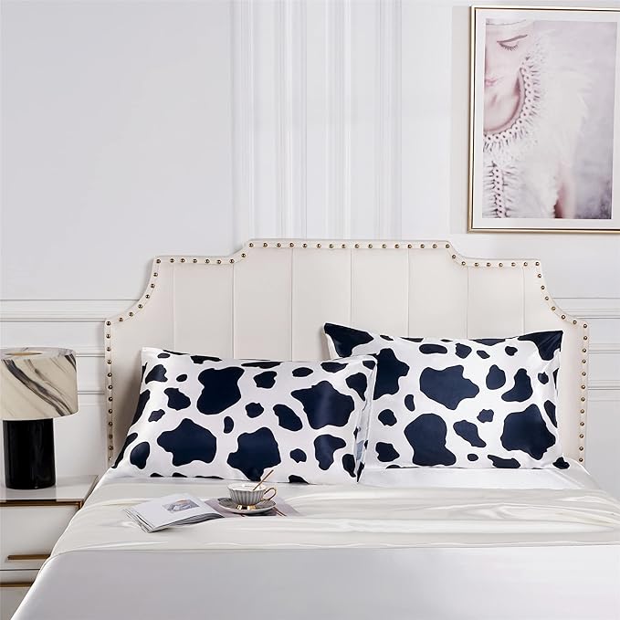 Satin Pillowcase for Hair and Skin Cow Print Pillow Cases Queen 2 Pack, Soft Cooling Silk Satin Pillowcase Set of 2 Silky Pillow Cover with Envelope Closure (20x30 inches, Cow)