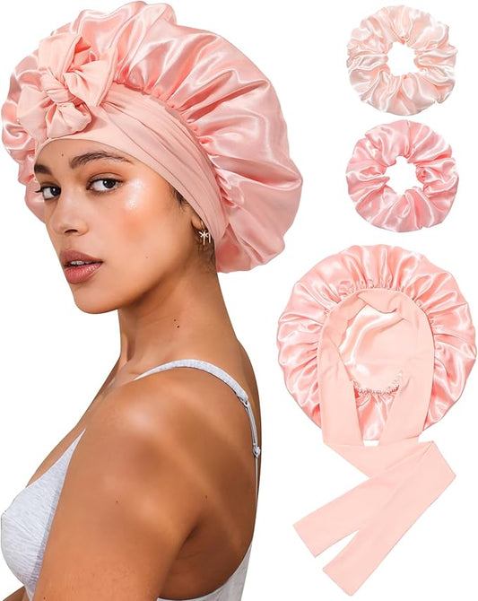Reversible Satin Bonnet for Sleeping Women Double Layer Hair Bonnet with 2PCS Hair Scrunchies Elastic Tie Band Night Cap