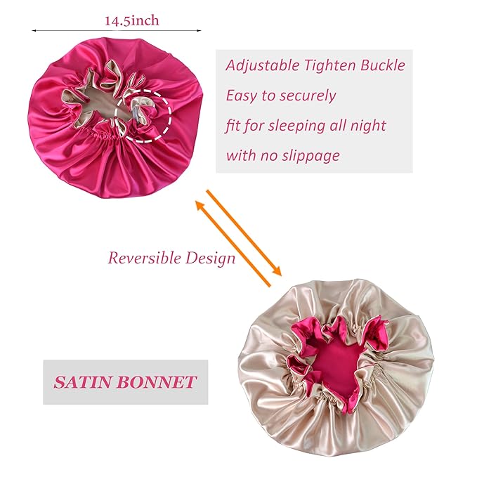 Silk Bonnet for Sleeping Satin Bonnets Double Layer Reversible Hair Cap Bonnet for Women Long Curly Braid Hair (Hot Pink)