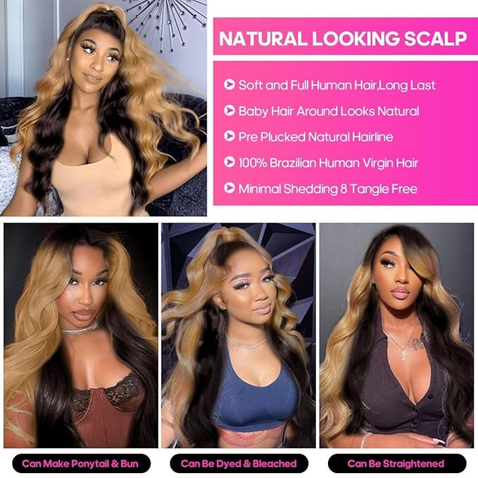 MEGOOD 250 Density 13x6 Honey Blonde Wig Human Hair 4/27 Colored Wigs 13x6 Body Wave Lace Front Wigs Human wigs Pre Plucked For Women HD Transparent Ombre Lace Front Wig Human Hair 32 Inch