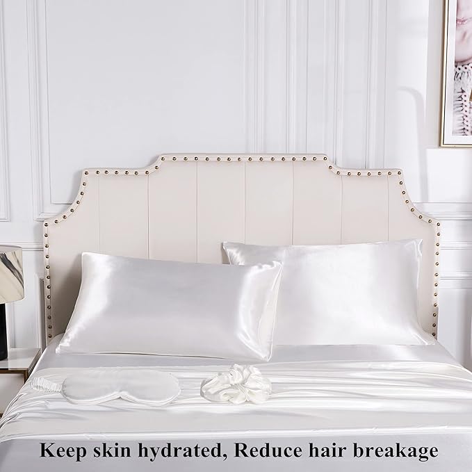 Satin Pillowcase for Hair and Skin, Vegan Silk Pillowcase Set-2 Ivory Satin Pillowcases Standard Size, 1 Eye Mask, 1 Scrunchie-Luxury Sleep Set, White Pillow Cases with Envelope Closure