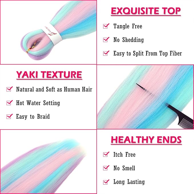 Dorsanee 4 Colors Mixed Braiding Hair Pre Stretched 24 Inch 3 Packs Braiding Hair for Box Braids Twists Locs Soft Yaki Texture Hot Water Setting (#Light Blue & Light Purple & Light Pink & Mint Green)