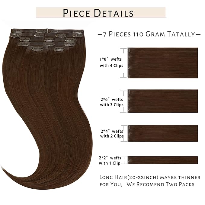 Caliee Seamless Hair Extensions Clip in Human Hair 110G Clip on for Fine Hair Real Hair Extensions 7Pcs Full Head Virgin Hair Chocolate Brown Color Invisible PU Skin Weft Clip in Remy Human Hair Extensions for Women 22Inch