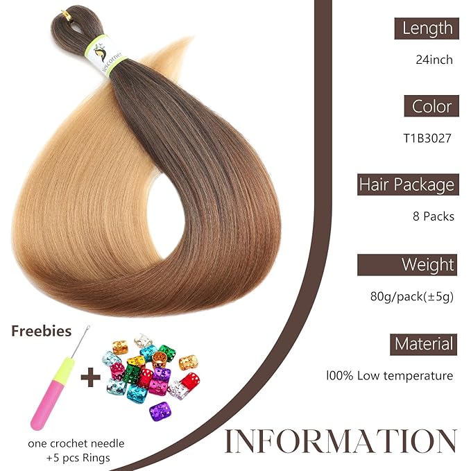 Ombre Braiding Hair Pre Stretched 24inch 8packs, Blonde Brown Pre Stretched Braiding Hair Professional Crochet Braids for Women T1 30 27