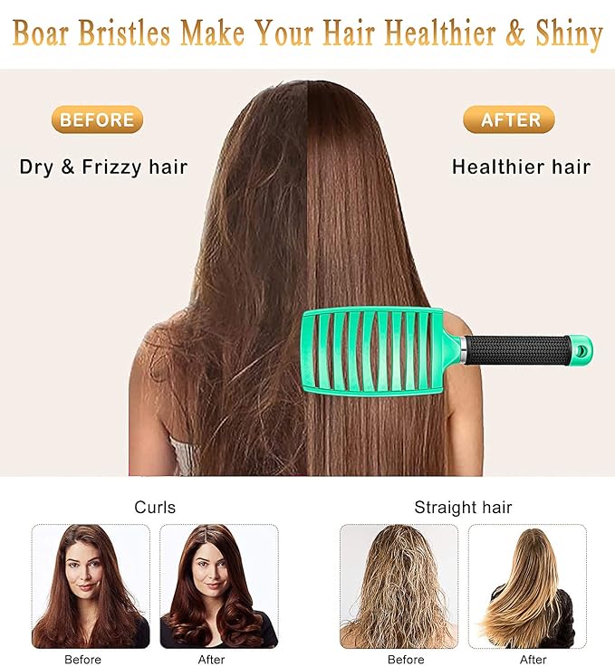 KTKUDY Detangling Brush Boar Bristles Hairbrush Make Hair Shiny & Healthier Curved and Vented Detangler Brush for Women Men Kids Wet & Dry Hair (Light green)