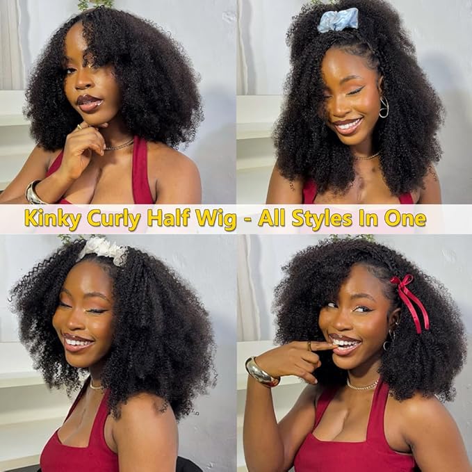 Kinky Curly Half Wig Human Hair 200% Density Wear Go Glueless Wigs Human Hair for Women 26 Inch Curly 3 In 1 Drawstring Seamless Flip Wig Invisible Hairline 3 Seconds to Wear Beginner Friendly