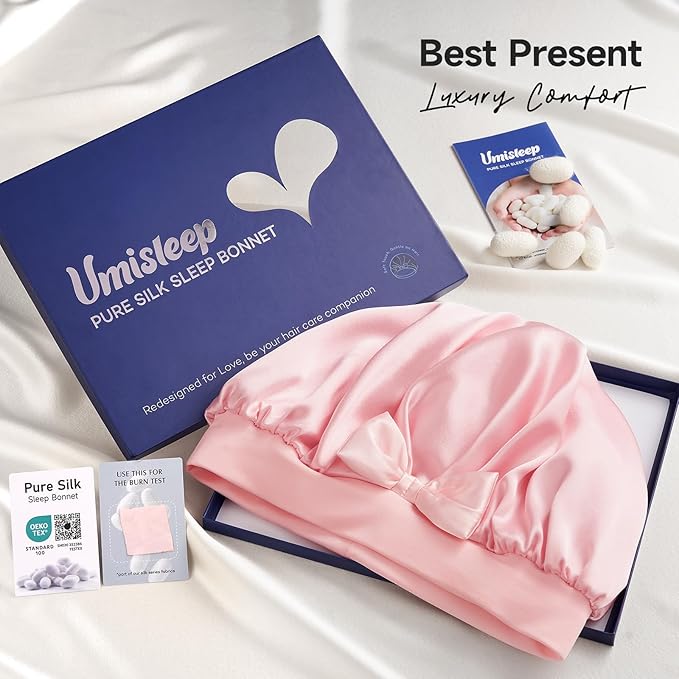 Umisleep Double-Sided 100% 22 Momme Mulberry Silk Bonnet for Sleeping Women, Large Silk Hair Wrap for Long Curly Hair, Non-Slip Sleep Cap with Adjustable Band, Blush