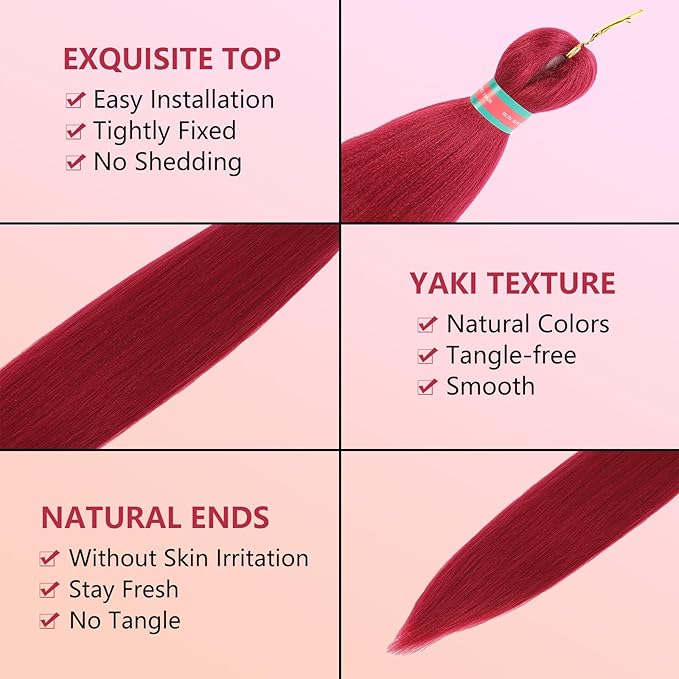 Rose Red Pre stretched Braiding Hair 2 Packs Pre feathered Braid Hair Extensions 30 Inches Hair Braids