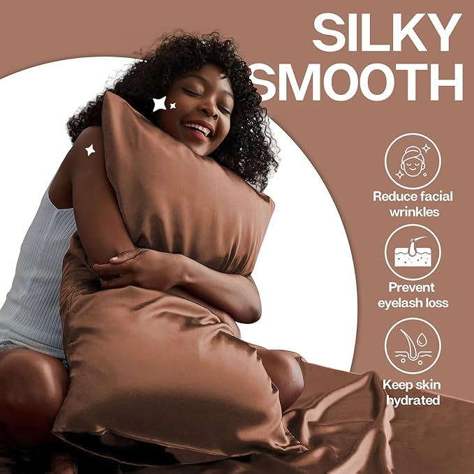 MR&HM Satin Pillowcase for Hair and Skin, Silk Satin Pillowcase 2 Pack, Standard Size Pillow Cases Set of 2, Silky Pillow Cover with Envelope Closure (20x26, Mocha Mousse)