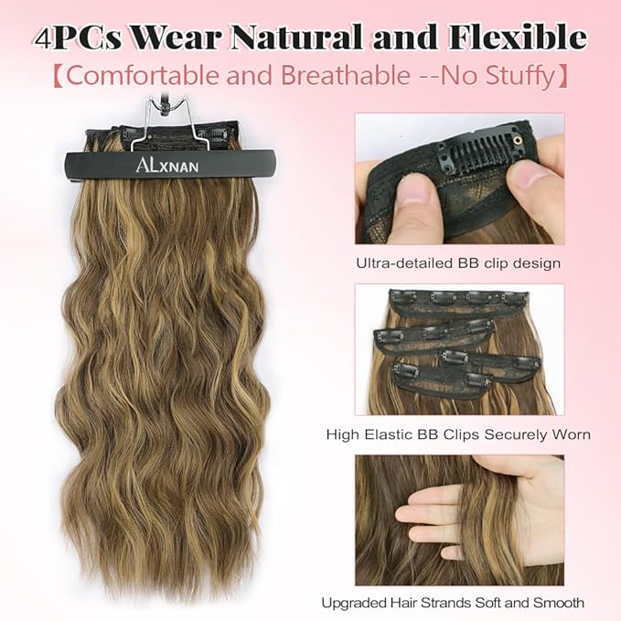 ALXNAN Clip in Long Wavy Synthetic Hair Extension 20 Inch Brown with Highlights 4PCS Thick Hairpieces Fiber Double Weft Hair for Women