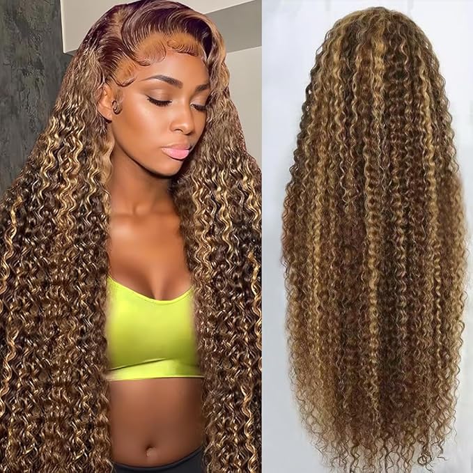 30inch Highlight Ombre Lace Front Wig Human Hair 13x6 HD Honey Blonde 4/27 Deep Wave Lace Frontal Wigs Glueless Wigs Human Hair (4/27 Honey Blonde, 34inch)
