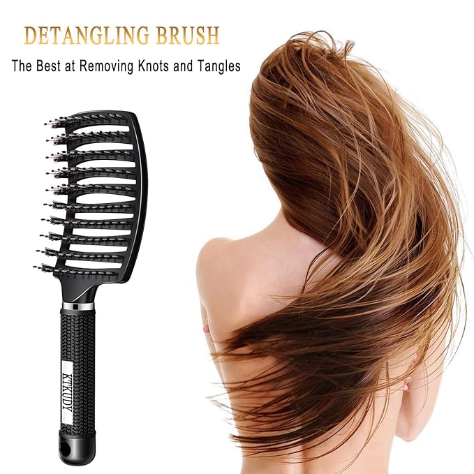 KTKUDY Detangling Brush Boar Bristles Hairbrush Make Hair Shiny & Healthier Curved and Vented Detangler Brush for Women Men Kids Wet & Dry Hair (Black)