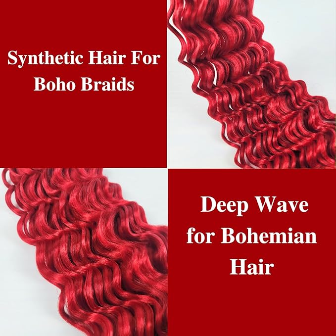 Red Boho Braiding Hair Pre stretched Boho Curly Deep Wave Crochet Boho Braids Prestretched Braiding Hair Extensions Synthetic Hypoallergenic Ez Braid Knotless