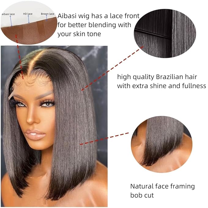UMEGOOD HAIR 8 Inch Light Straight Bob Wig with Bangs Human Hair Realistic 13X4 HD Lace Short Black Bob Wigs, Ready to Go Blunt Cut Bob Wig Glueless 200 Density