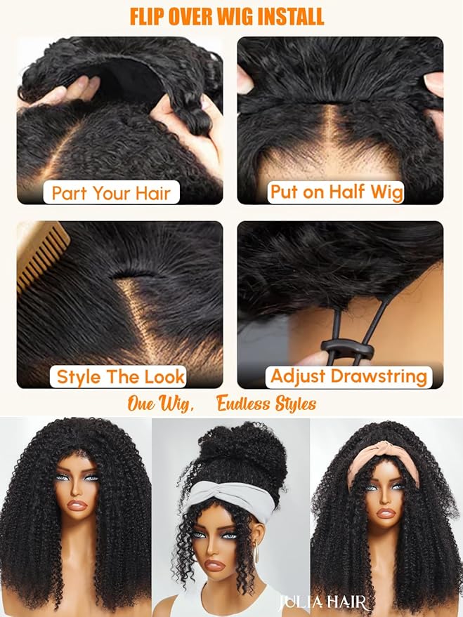 Julia Hair Afro Kinky Curly Half Wigs Human Hair 4C Blend Edges Hairline with Drawstring 3 In 1 Flip Over Clip in Glueless Beginner Friendly Headband Curly 3/4 Half Wig for Women 24 Inch