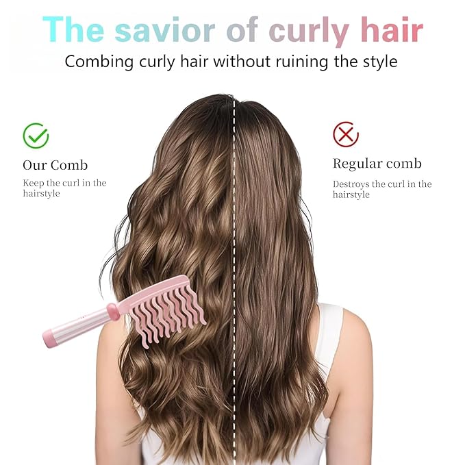 Wide Tooth Comb for Curly, Detangling Comb with Double Row Wavy Tooth and Ergonomic Handle for Long/Thick Dry/Wet Hair for Women/Girl without Straighten the Curl Hair Style (Pink/Blue)