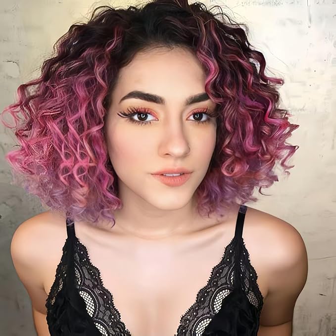 7 Packs GoGo Curl Crochet Hair 10 Inch Short Curly Crochet Hair for Women Deep Wave Beach Curl Crochet Braids Synthetic Braiding Hair Extensions(10 Inch, #T1B/Rose/Pink)