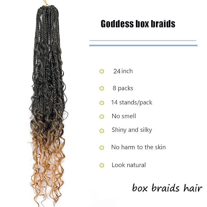 24 Inch Goddess Box Braids Crochet Hair Pre-looped 8 Packs Boho Box Braids Crochet Braids for Black Women Bohemian Box Braids Crochet Hair T27