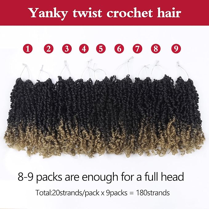 Yanky Twist Crochet Hair, PILLUGER Yaki Twists Hair Micro Spring Twist Braids,9 Packs Pre-looped passion Twist Brown Senegalese With Curls Crochet Synthetic Hair Extensions(OT27)