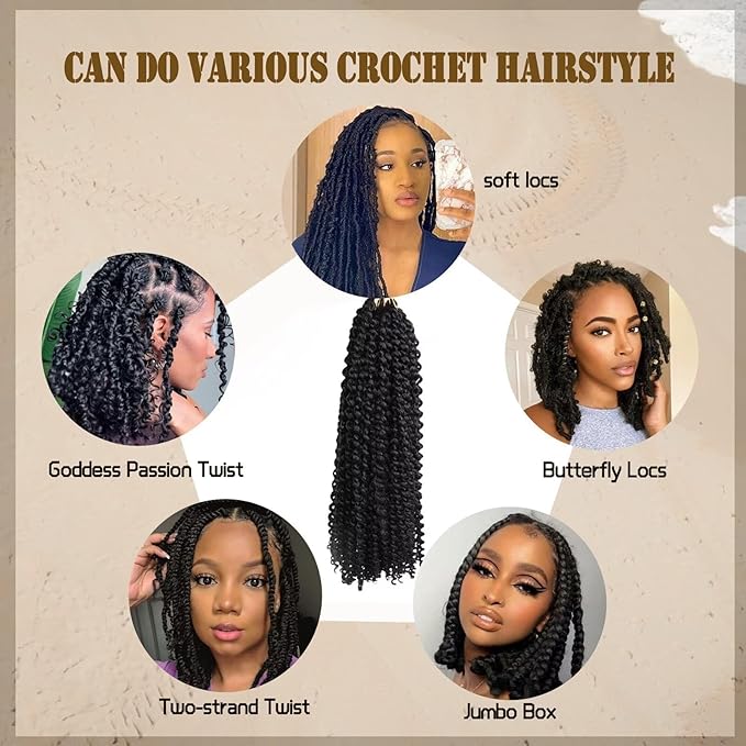 14inch Passion Twists Hair - Water Wave Crochet Hair for Black Women,Bohemian Curly Braiding Hair for Butterfly Locs,Faux Locs,Boho Style Crochet Braids Hair Extensions(1B#, 132 Strands)