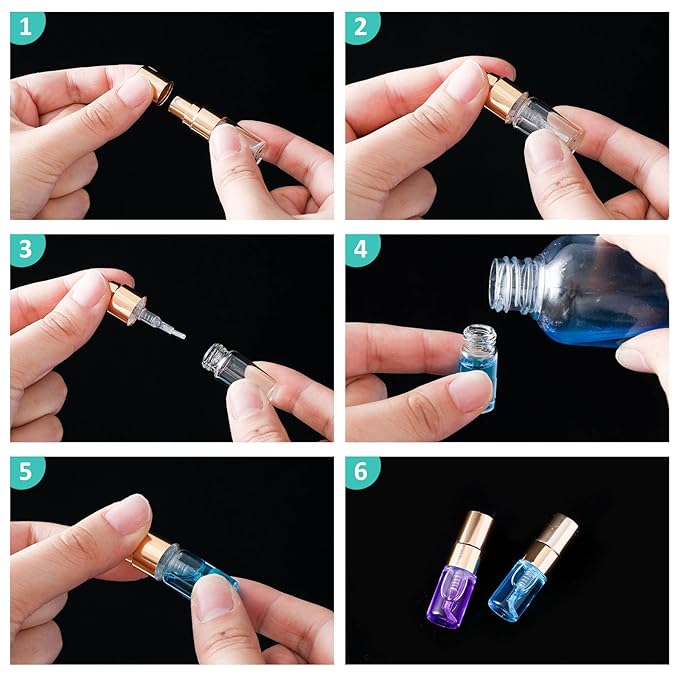Zhehao 200 Pcs Mini Spray Bottles 2 ml Clear Glass Perfume Bottles Refillable Fine Mist Perfume Atomizer Portable Empty Sample Containers for Cleaning, Essential Oils, Travel (Gold Cap)