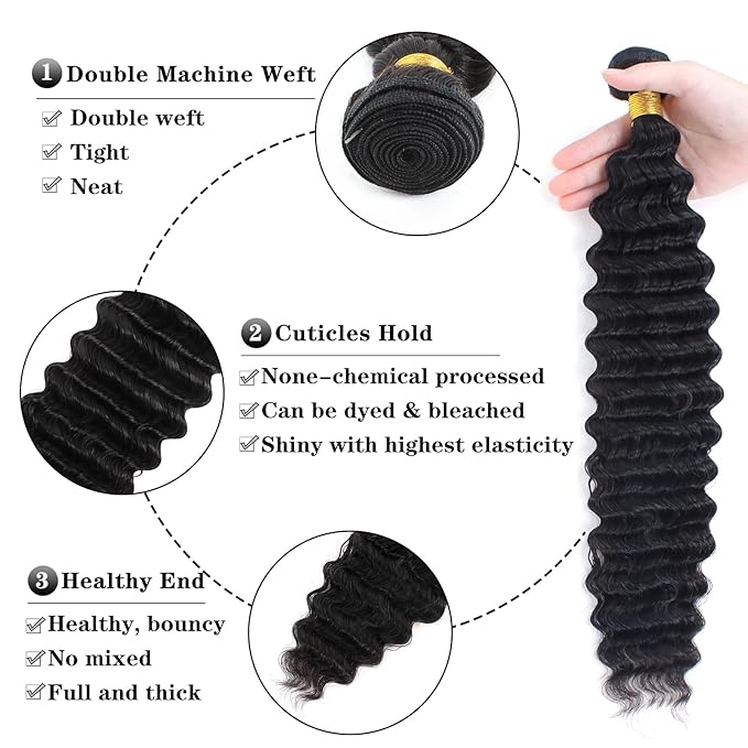 12A Brazilian Deep Wave Human Hair Bundles(18 20 22) 100% Unprocessed Virgin Remy Hair Deep Curly Human Hair Weave 3 Bundles Extensions for Black Women Natural Color