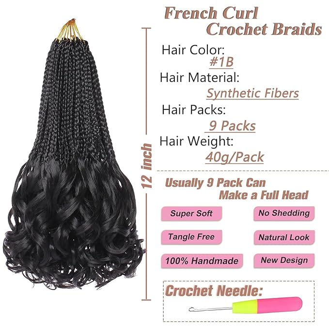 12 Inch French Curl Crochet Braids 9 Packs Black Goddess Box Braids Pre Looped Crochet Hair with Bouncy Curly Ends Synthetic French Curly Braiding Hair for Women