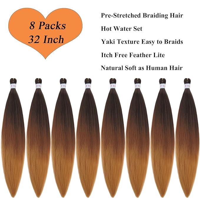 1b/30/27 Braiding Hair Pre Stretched 32 Inch 1b to Brown Blonde Ombre Braiding Hair Extensions for Crochet Braids Yaki Knotless Hypoallergenic Pre Sectioned Braiding Hair