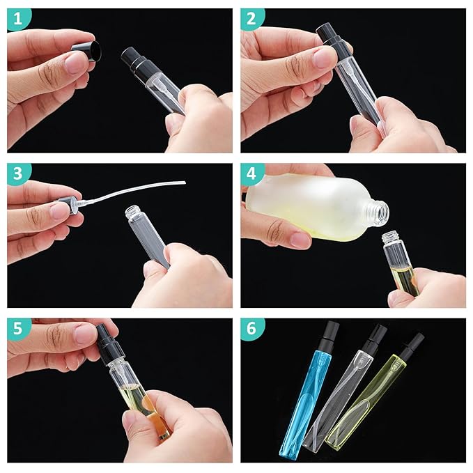 Zhehao 50 Pcs Mini Spray Bottles 10 ml Clear Glass Perfume Bottles Refillable Fine Mist Perfume Atomizer Portable Empty Sample Containers for Cleaning, Essential Oils, Travel (Black Cap)