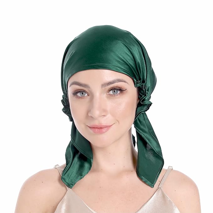 SissiLita 100% Silk Bonnet for Sleeping, Large Sleep Cap With Tie Band for Curly Hair Care, Hair Wrap (Emerald)