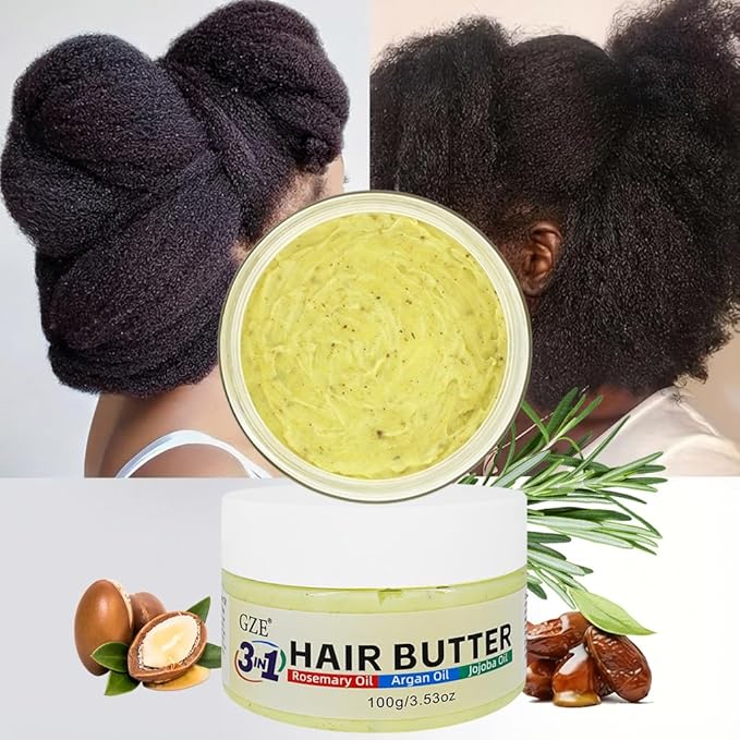 GZE 3 IN 1 Hair Growth Butter with Rosemary Oil, Argan Oil & Jojoba Oil | Intense Moisturizing & Nourishing for Dry, Damaged & Curly Hair | Revitalizing Hair Grease for Frizz Control & Shine