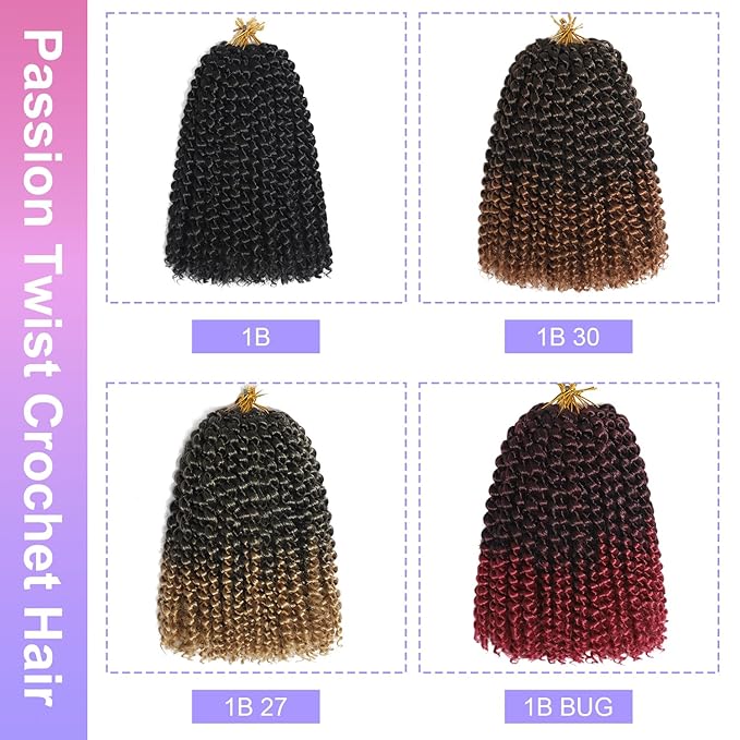 Ombre Color Passion Twist Crochet Hair for Women 9 Packs 10 Inch Water Wave Short Twist Crochet Hair Curly Pre-looped Braiding Hair Extensions For Butterfly Locs Braids 1b27
