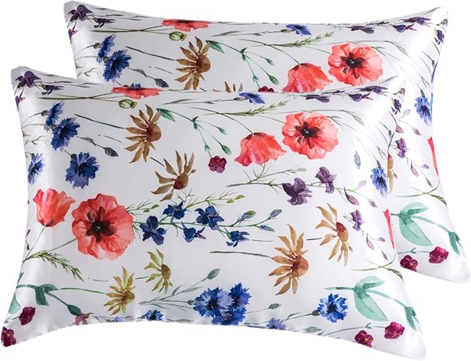 Satin Pillowcase for Hair and Skin, Super Soft and Cooling Similar to Silk Pillow Cases 2 Pack with Envelope Closure Standard Size Satin Pillow Covers, Gifts for Women(20"x26", Floral)