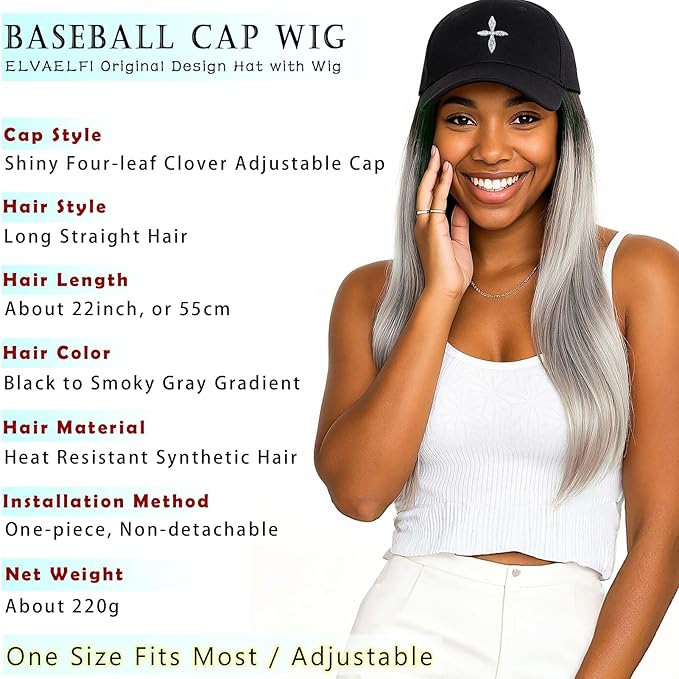 Hat with Hair 22-Inch Ombre Gray Long Straight Wig, Silver Grey Wig for Women, Straight Hair Extensions