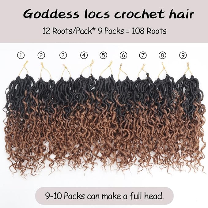 Goddess Locs Crochet Hair 10 Inch 9 Packs Synthetic Faux Locs Crochet Hair for Black Women, River Locs Hair Extensions Style Pre looped Crochet with Curly Ends