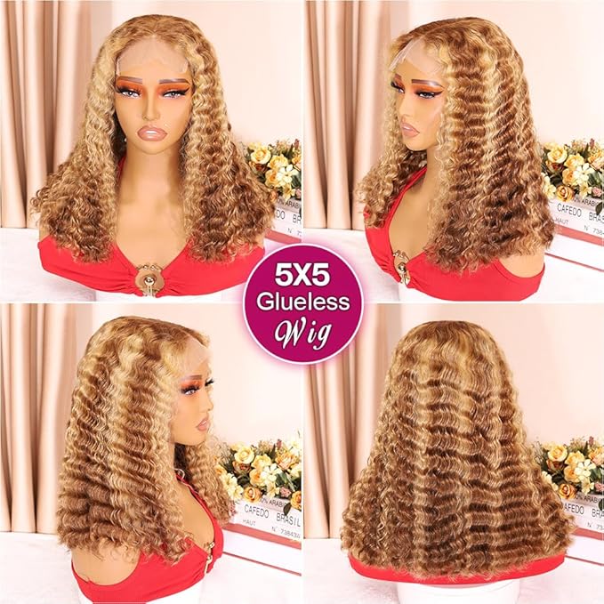 Curly Bob Wig Human Hair Deep Wave Glueless Wigs Human Hair Pre Plucked Pre Cut 5x5 Wear And Go HD Lace Closure Wigs Human Hair For Black Women 200% Density Highlight Color 18 Inch