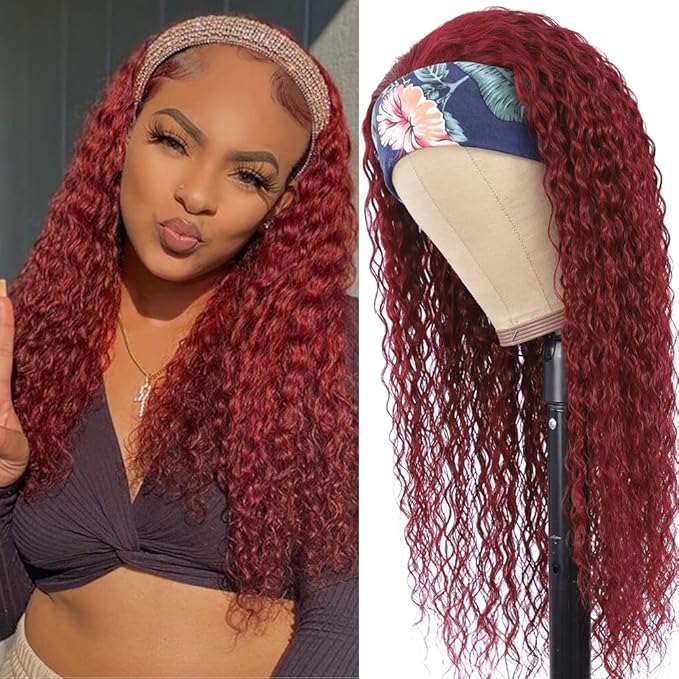 Eooma Headband Wig Curly Human Hair Wigs for Black Women 10A 180% Density Brazilian Kinky Curly #99J Burgundy Human Hair Headband Wigs Scarf No Gel Gluelees 20 Inch Remy Hair
